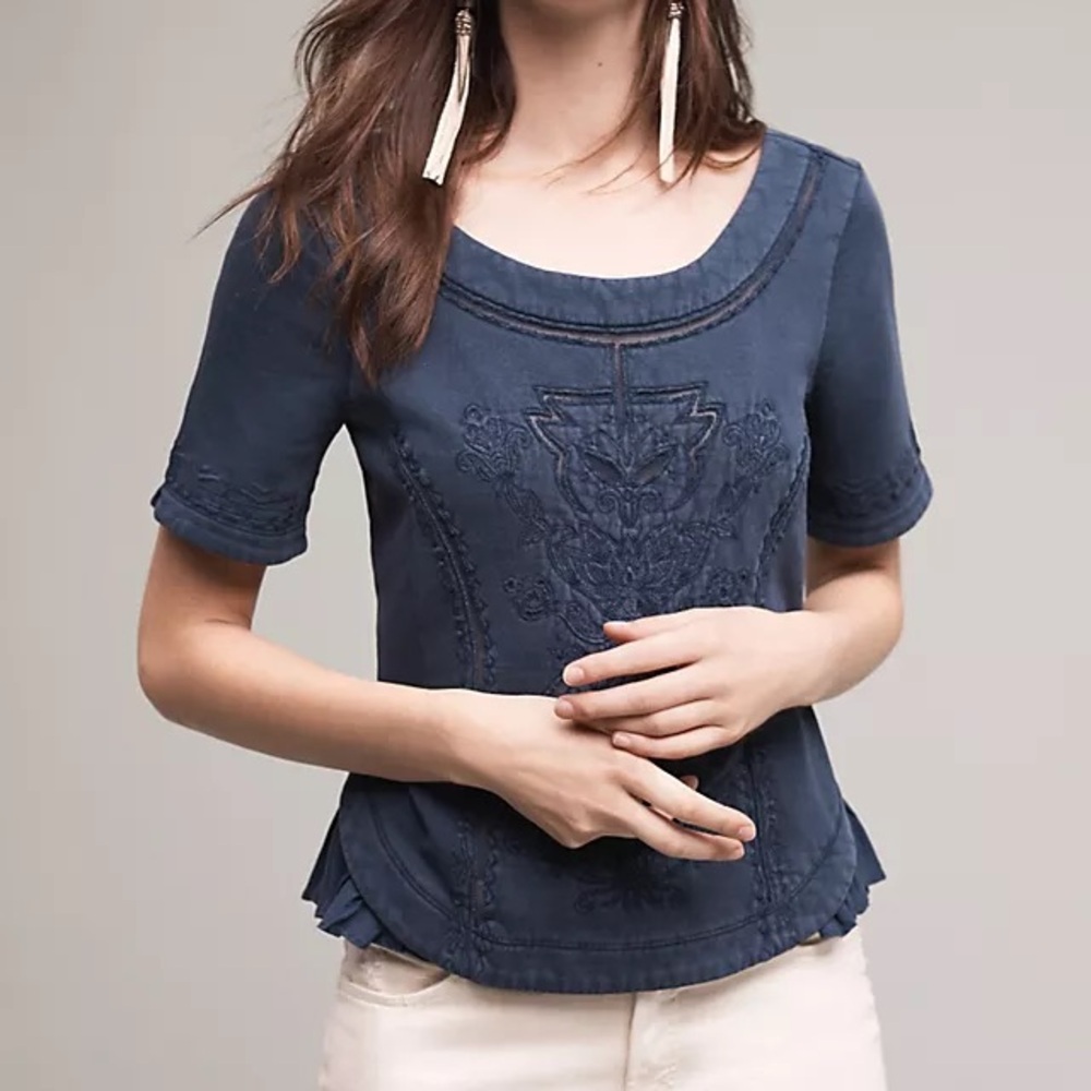 Anthropologie - Elegant & Casual Navy Blue Embroidered Women's Top